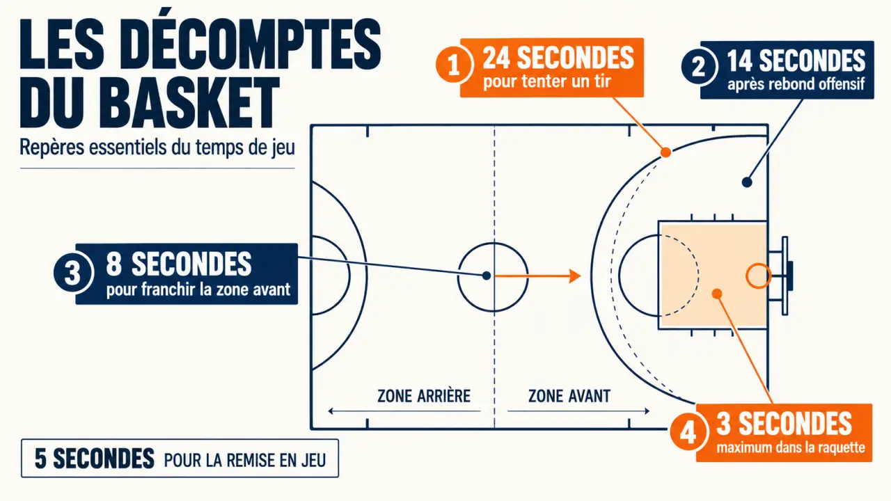 Règles basket : schéma du terrain et des principaux décomptes de temps