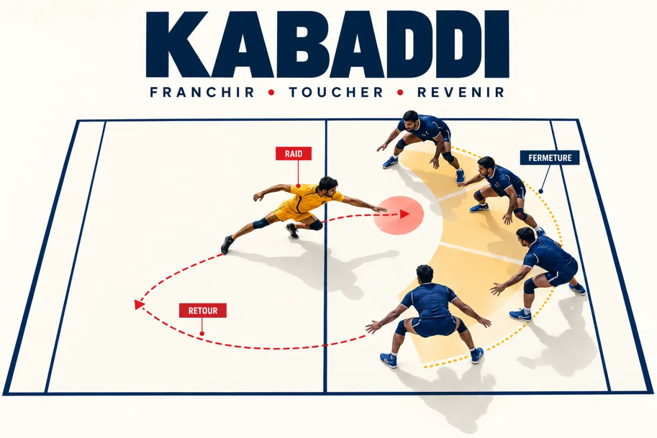 Sports kabaddi : raider face à une défense collective sur un terrain partagé