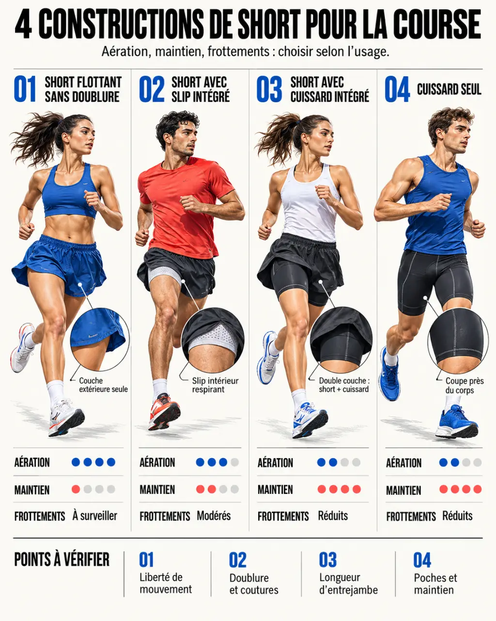 Infographie comparative du short course a pied selon la construction et le niveau de maintien