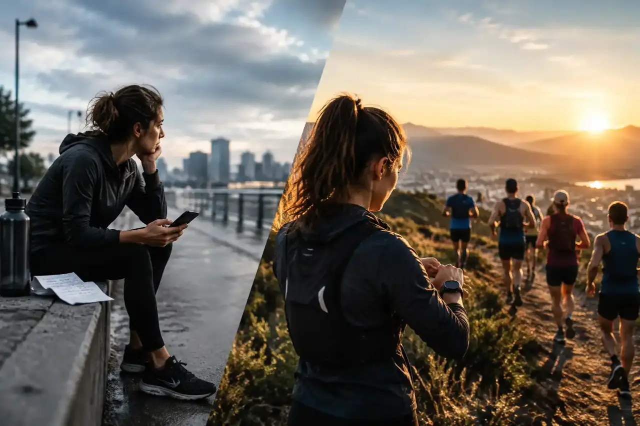 Groupe de coureurs du RC Run s'entraînant en ville au coucher du soleil