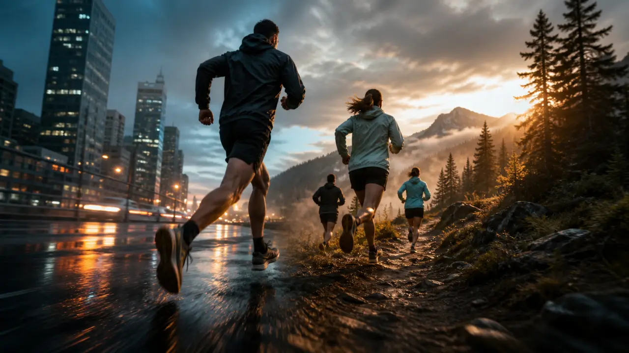 Coureurs en mouvement sur parcours urbain et trail au coucher du soleil