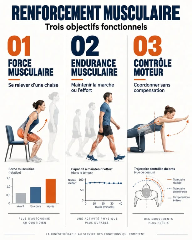 Infographie sur les objectifs du renforcement musculaire en kinésithérapie : force, endurance et contrôle moteur