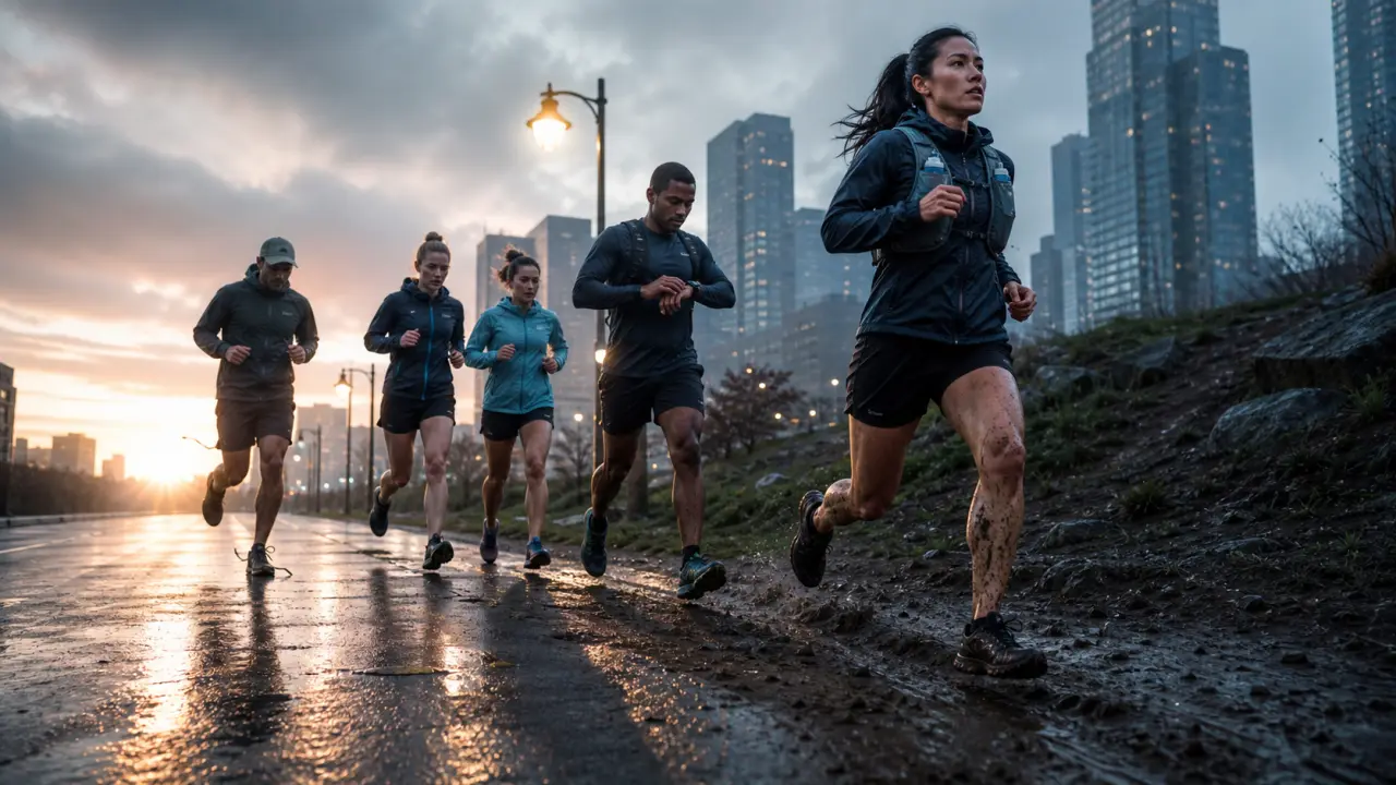 Groupe de coureurs en trail urbain dans une ville moderne au crépuscule