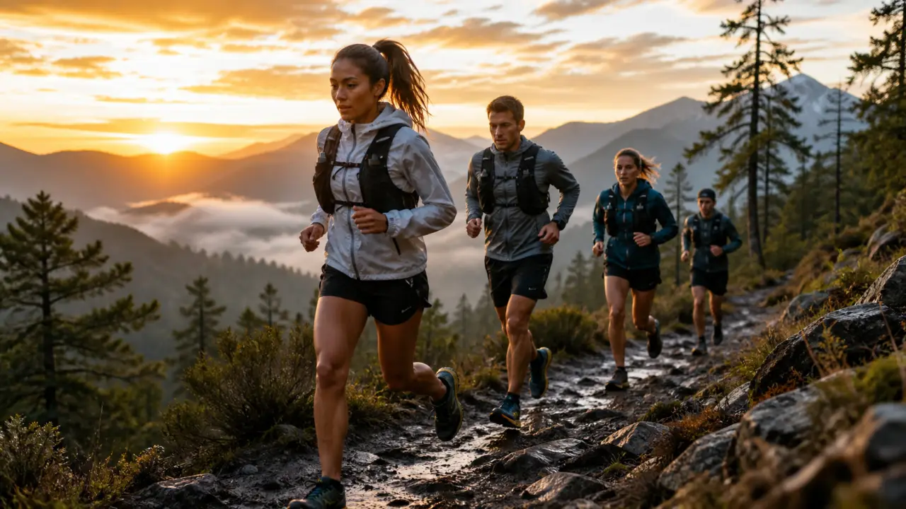Coureurs en trail nature sur un sentier au crépuscule