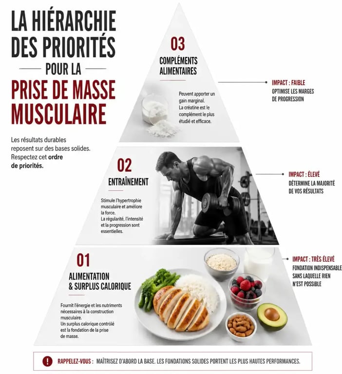 Infographie sur la hiérarchie des priorités pour une prise de masse et l'utilisation des compléments alimentaires
