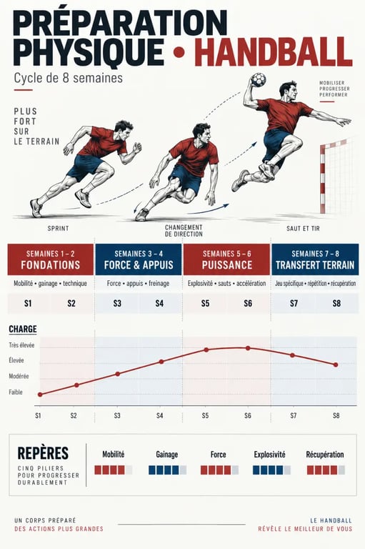 Infographie de préparation physique handball sur un cycle progressif de 8 semaines