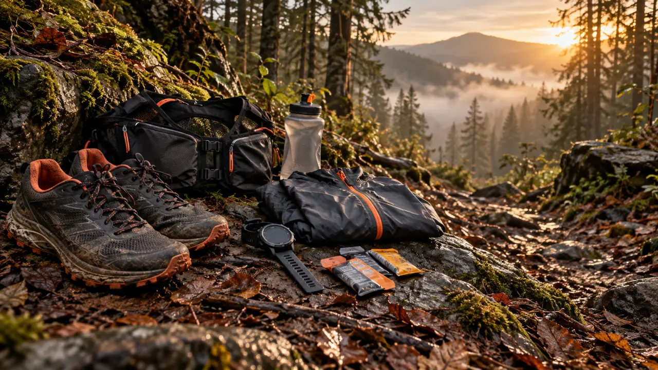 Coureur équipé pour une sortie de trail en pleine nature