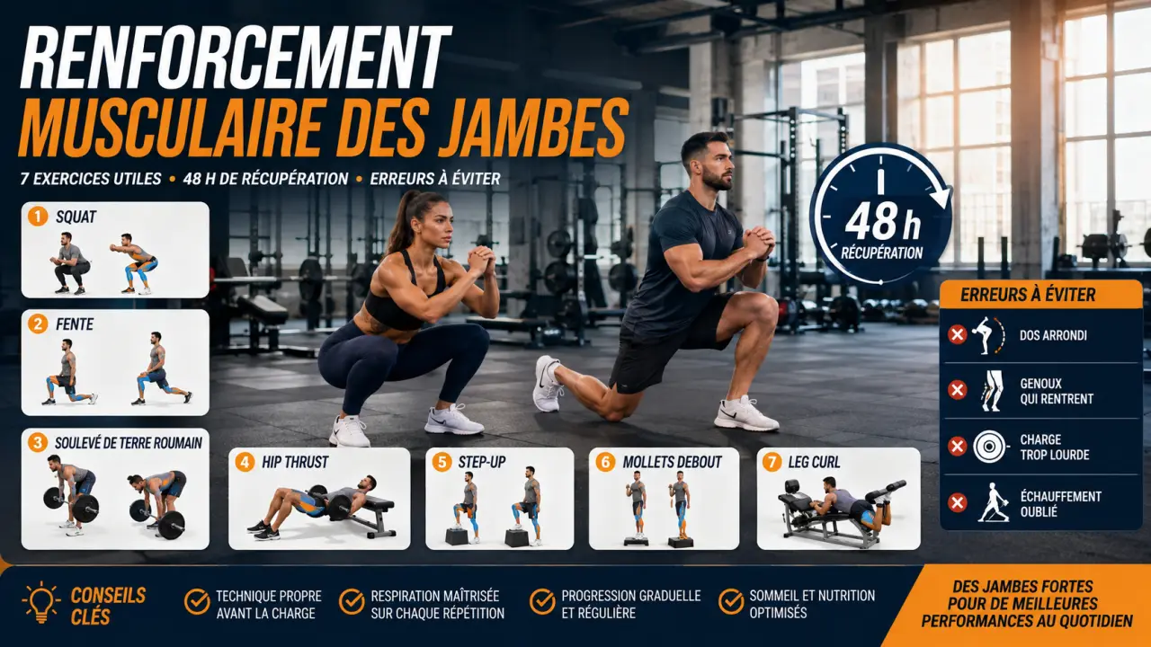 Renforcement musculaire des jambes : 7 exercices utiles, 48 h de récupération et erreurs à éviter