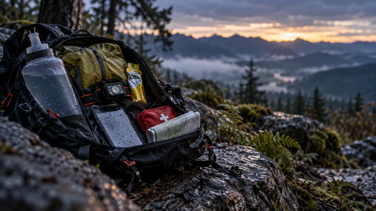 Coureur préparant son sac avant un trail humide à l’aube