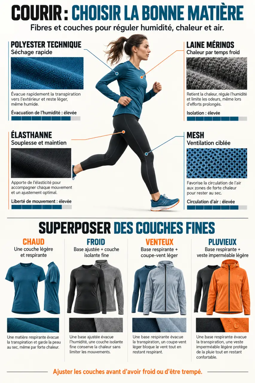 Infographie sur le vêtement de course à pied, les matières techniques et la superposition des couches selon la météo