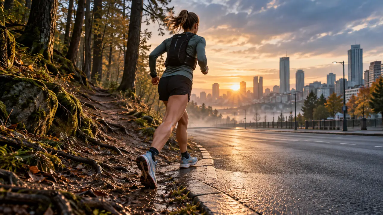 Coureur passant d'un sentier naturel à une route goudronnée au lever du jour