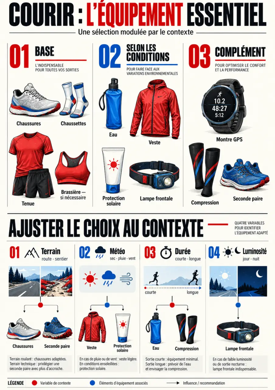 Équipement course à pied indispensable, recommandé et optionnel selon le terrain et la météo