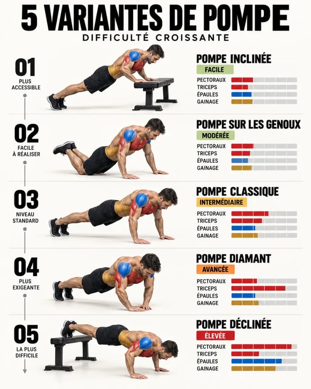 Variantes de pompe en musculation classées par niveau et muscles sollicités