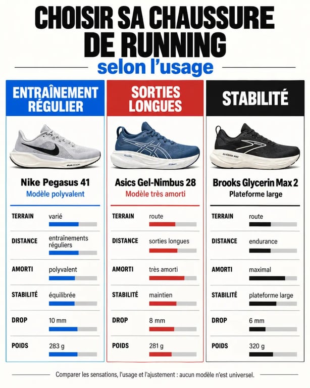 Chaussure running meilleur choix selon l’usage, comparaison de trois modèles par amorti, stabilité, drop et poids