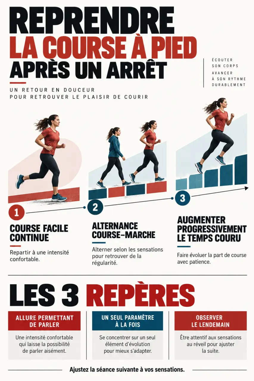 Infographie sur la reprise course à pied avec alternance course-marche et progression progressive