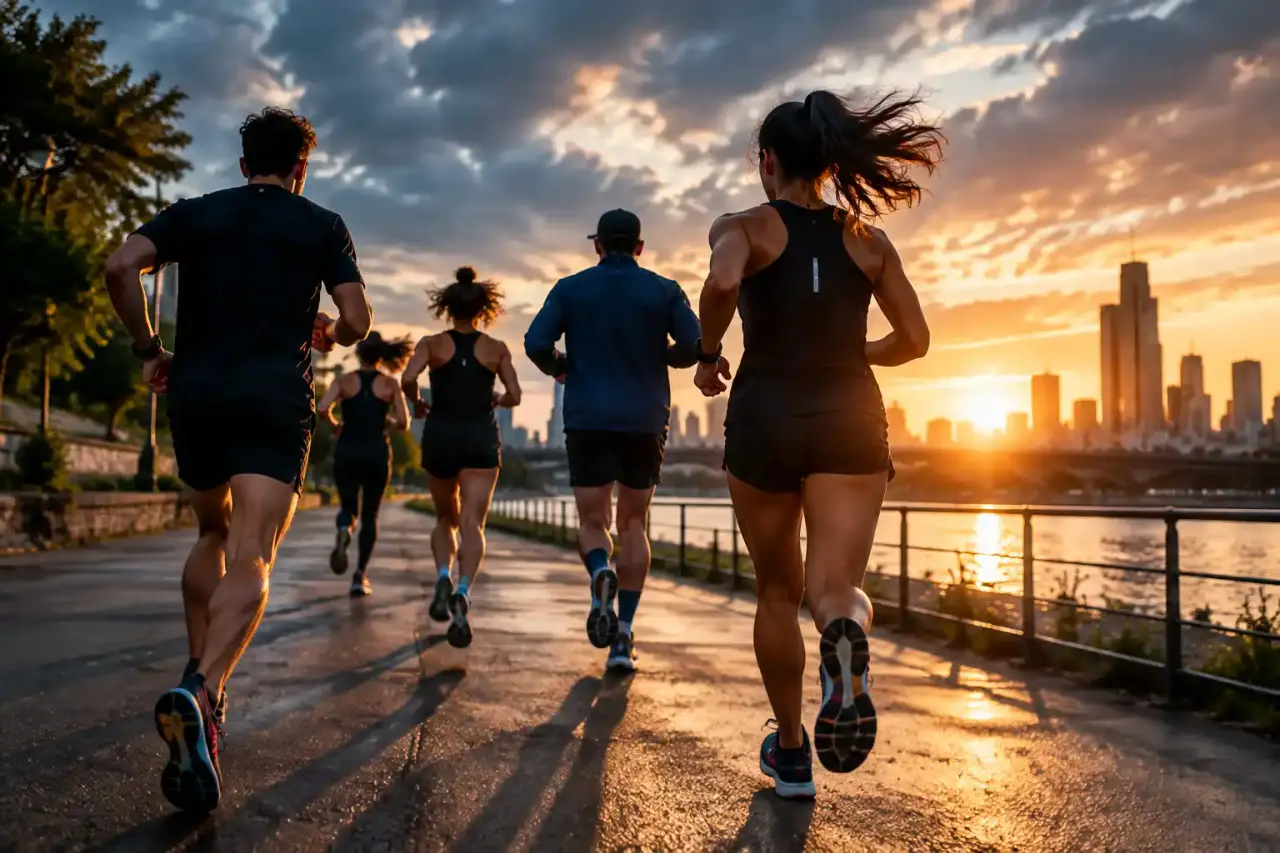 Groupe de coureurs du RC Run s'élançant dans les rues de la ville au crépuscule