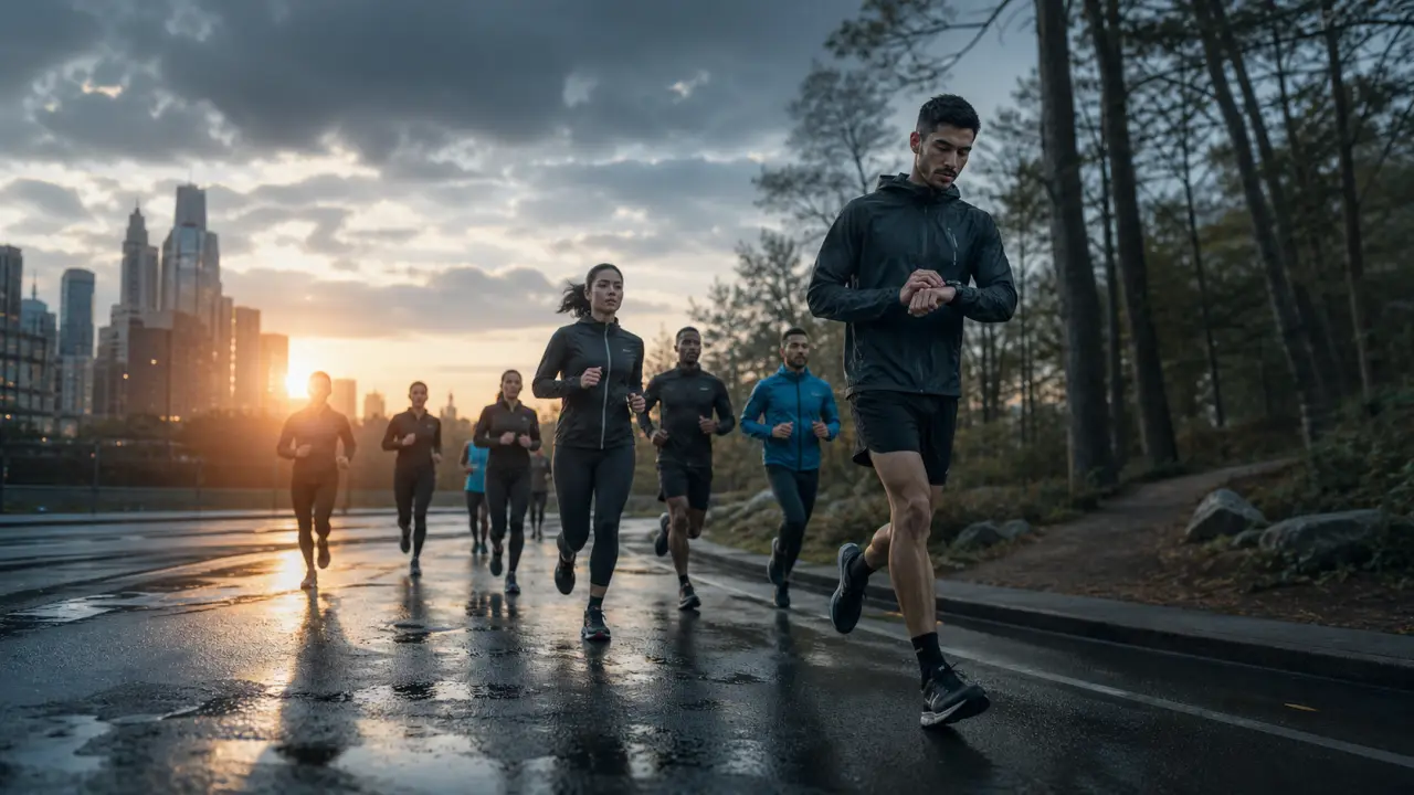 Coureurs urbains en pleine accélération au crépuscule