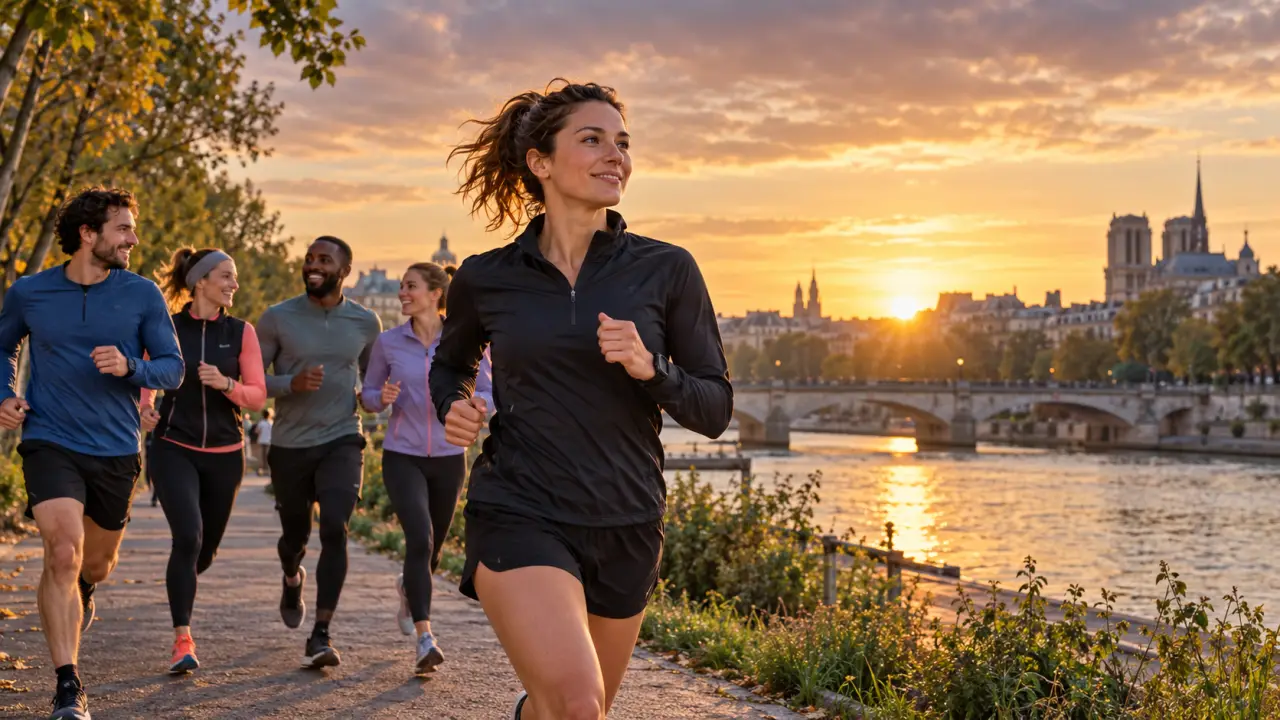 Un groupe de coureurs débutants progresse ensemble en ville au coucher du soleil