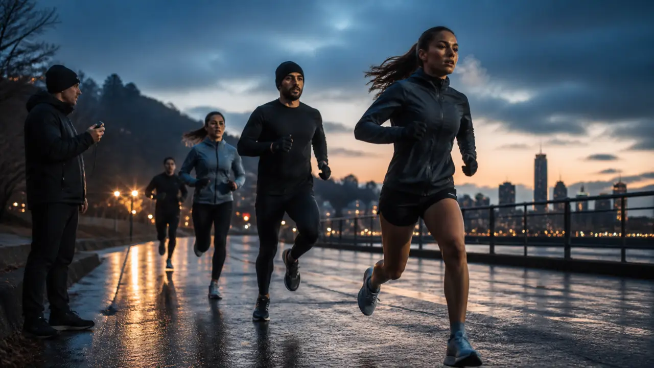 Coureurs en effort intense lors d'une séance de fractionné court en ville