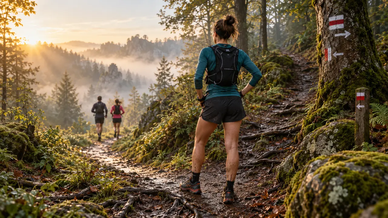 Coureur débutant suivant un balisage sur un sentier de trail
