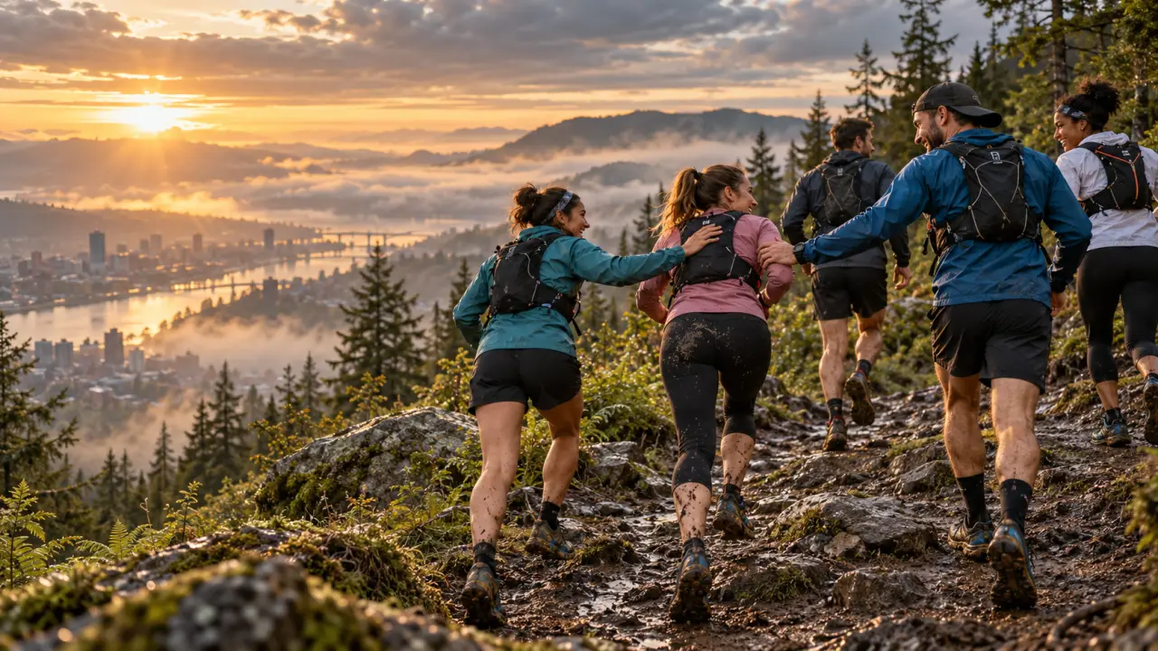 Coureurs de trail progressant ensemble sur un sentier