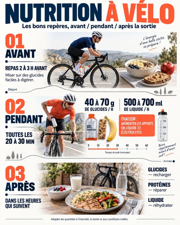 Infographie de nutrition cyclisme avant, pendant et après une sortie