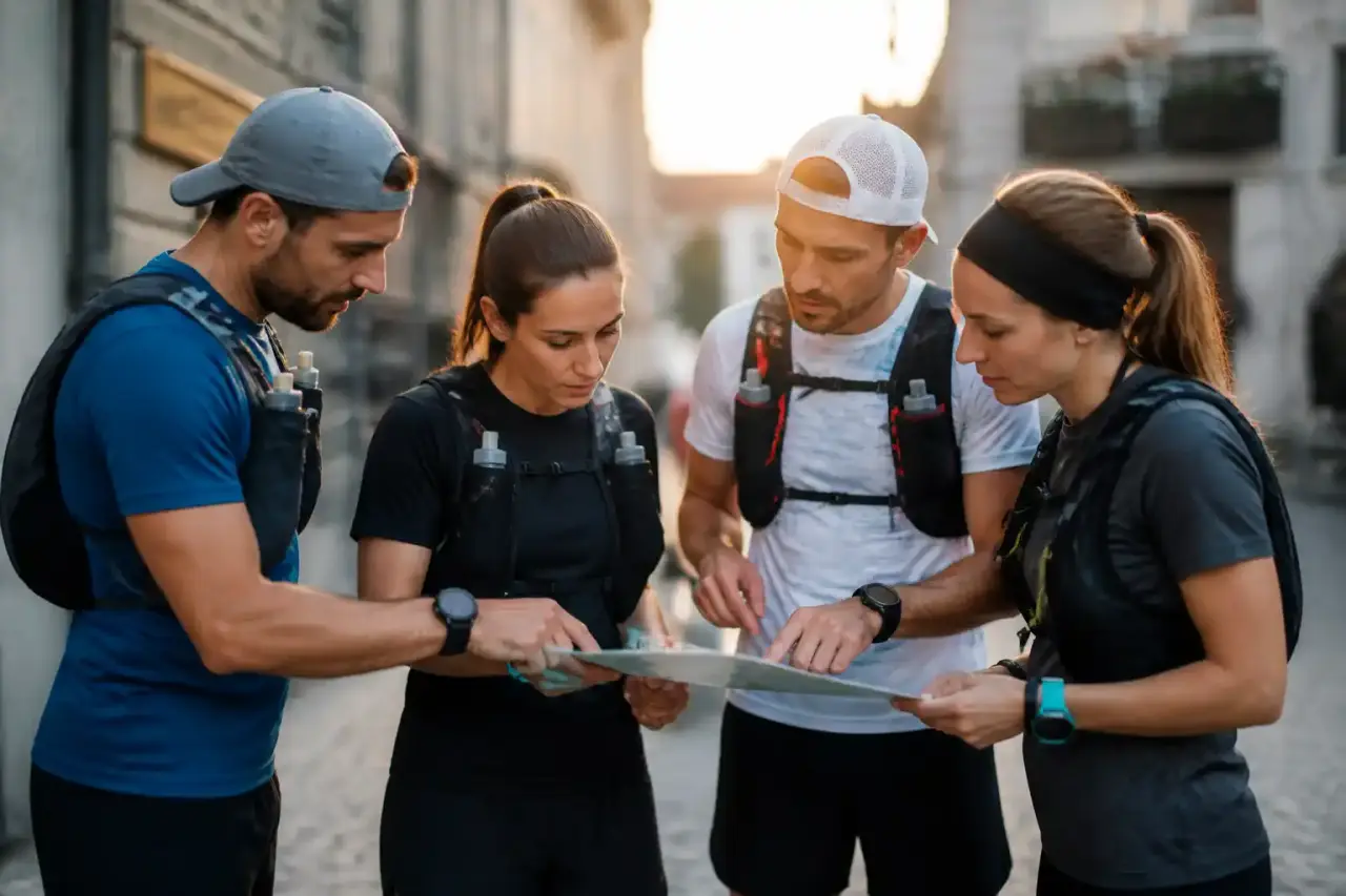 Groupe de coureurs en trail urbain au crépuscule, ambiance dynamique et contrastée