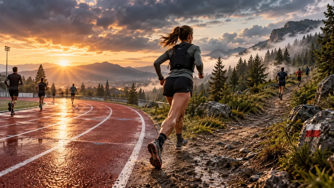 Coureurs accélérant sur une piste et un sentier de trail