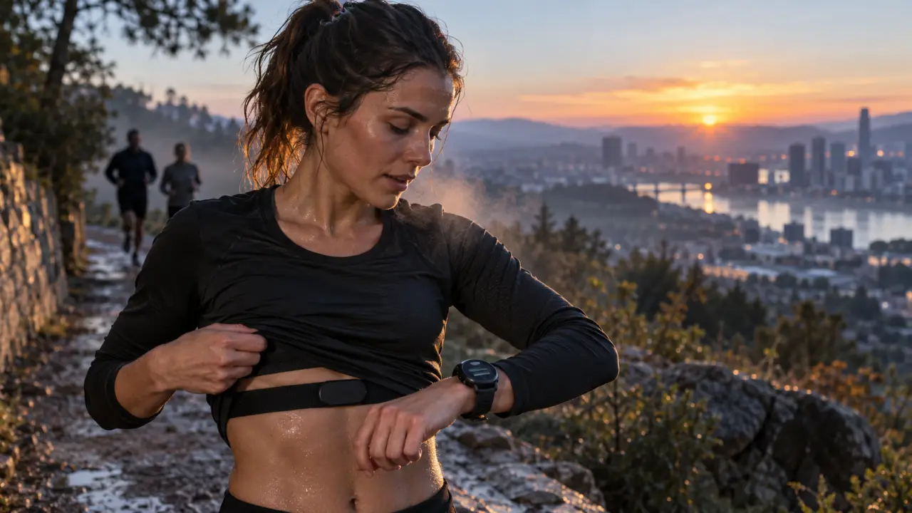 Coureur utilisant une montre GPS et une ceinture cardio pendant un entraînement