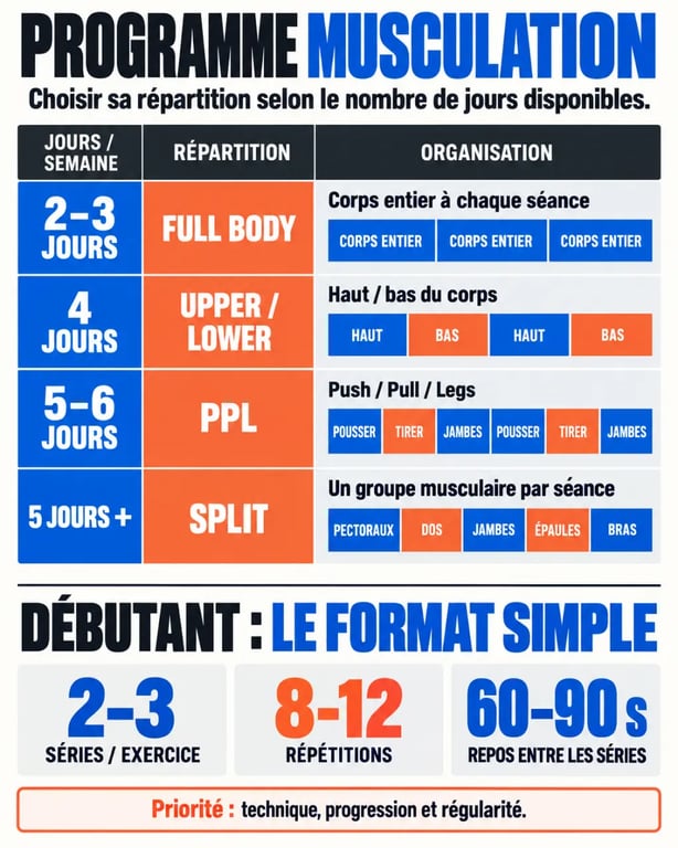 Programme musculation salle : infographie des répartitions et paramètres d’entraînement