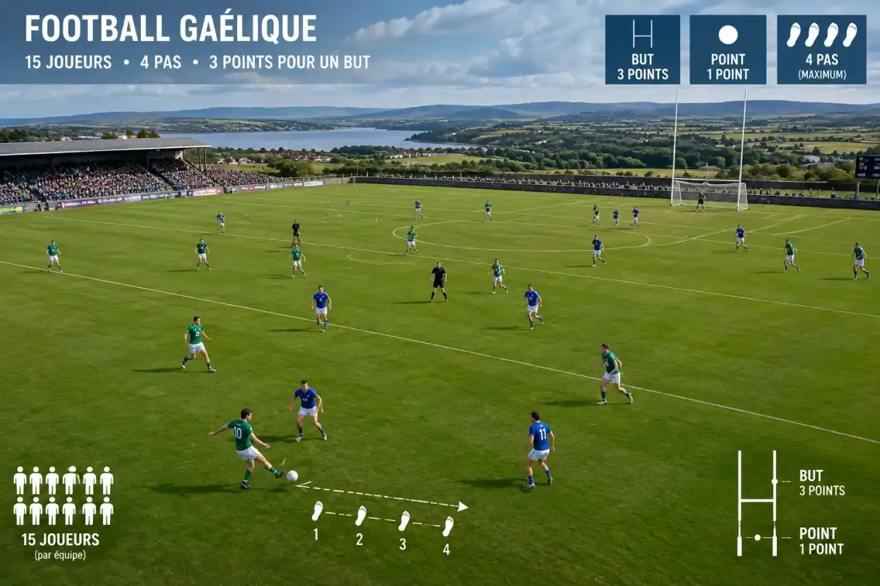Football gaélique : 15 joueurs, 4 pas et 3 points pour un but