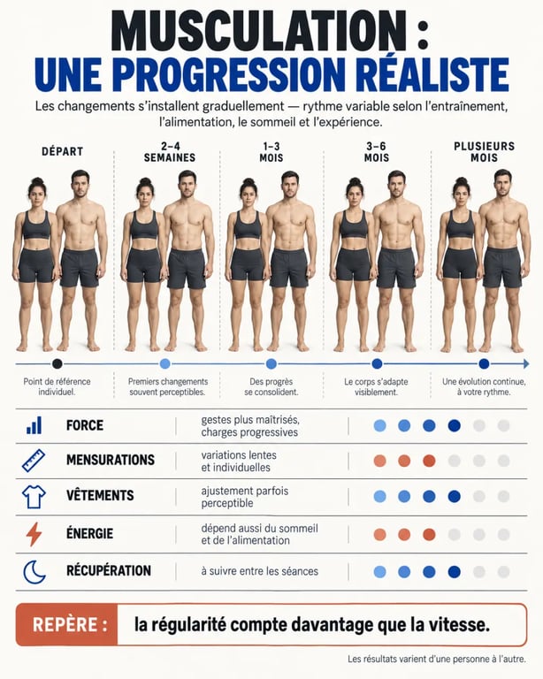 Musculation avant et après : évolution progressive de la force, des mensurations et de la silhouette sur plusieurs mois