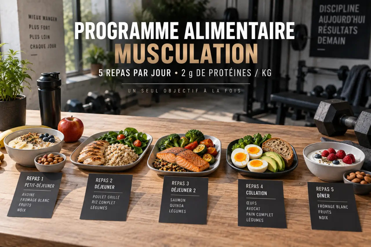 Programme alimentaire musculation : 5 repas par jour, 2 g de protéines par kilo et un seul objectif à la fois