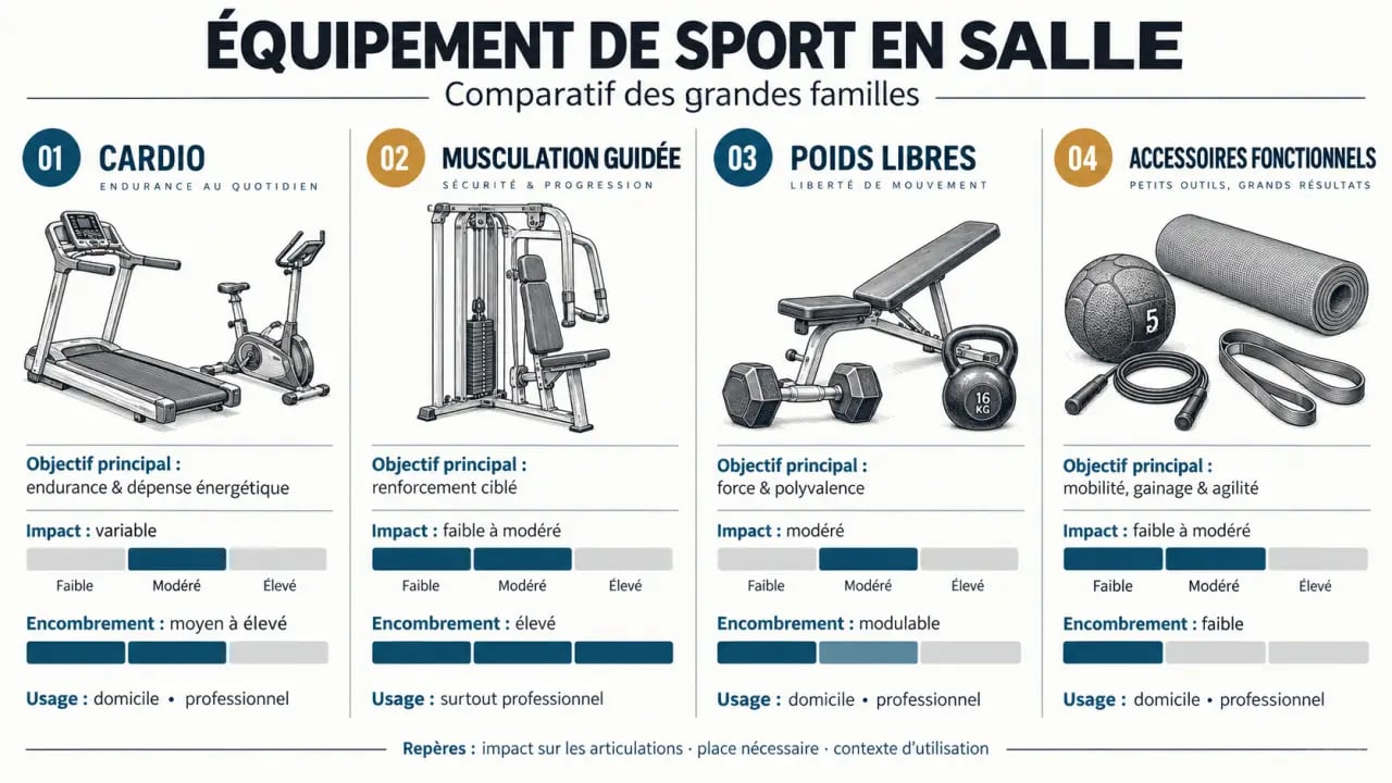Infographie comparative des équipements de sport en salle selon les objectifs et l'espace disponible