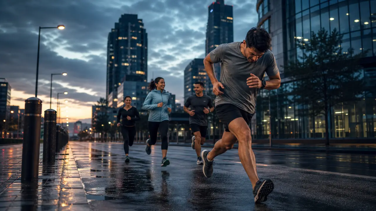 Coureurs en pleine accélération dans un décor urbain au crépuscule