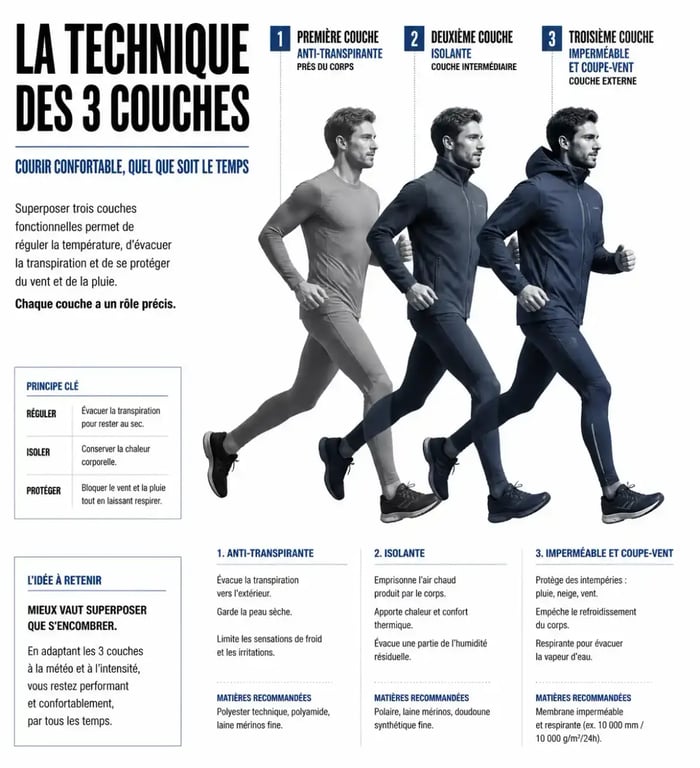 Schéma de la technique des 3 couches pour une veste de course