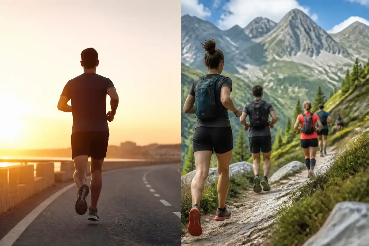Groupe de coureurs en pleine sortie trail, dynamique et déterminé