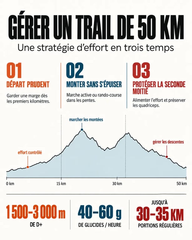 Infographie sur la gestion d'un trail 50 km, le dénivelé, l'allure et le ravitaillement