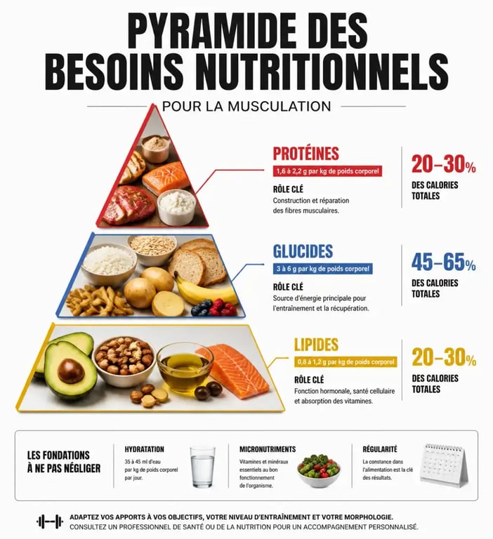 Infographie sur la répartition des macronutriments pour un programme alimentaire musculation