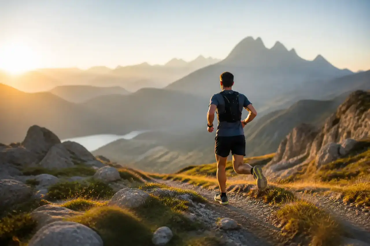 Coureurs quittant le bitume pour un sentier de trail au crépuscule