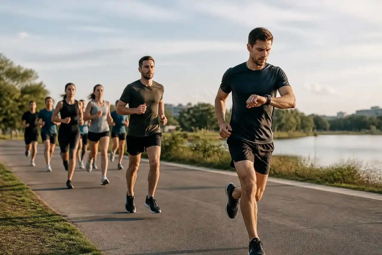 Groupe de coureurs en ville, dynamique et concentré