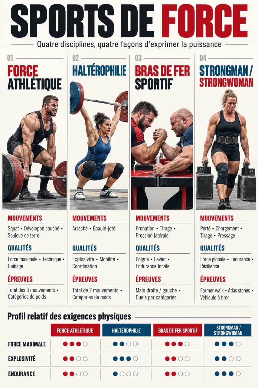 Infographie comparative des sports de force et de leurs principales disciplines