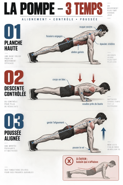 Étapes d’une pompe en musculation avec alignement du corps et position des coudes
