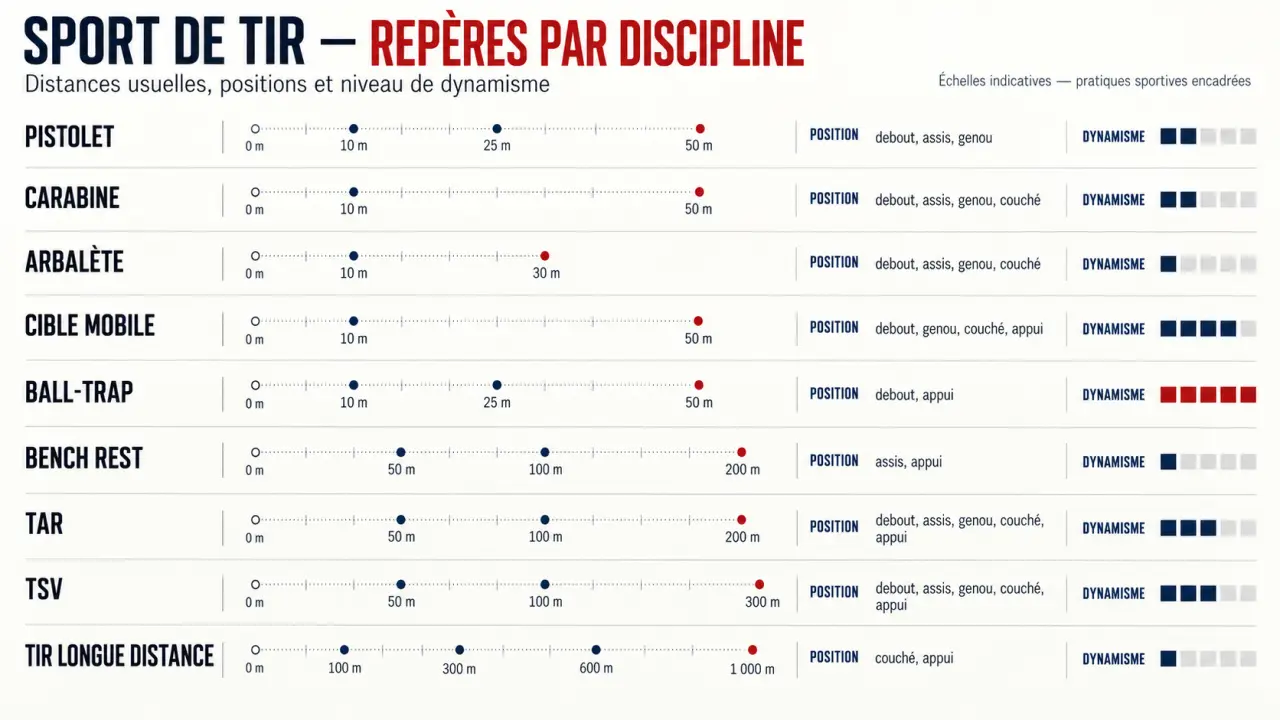 Visuel comparatif des disciplines du sport de tir, avec distances, positions et types de cibles