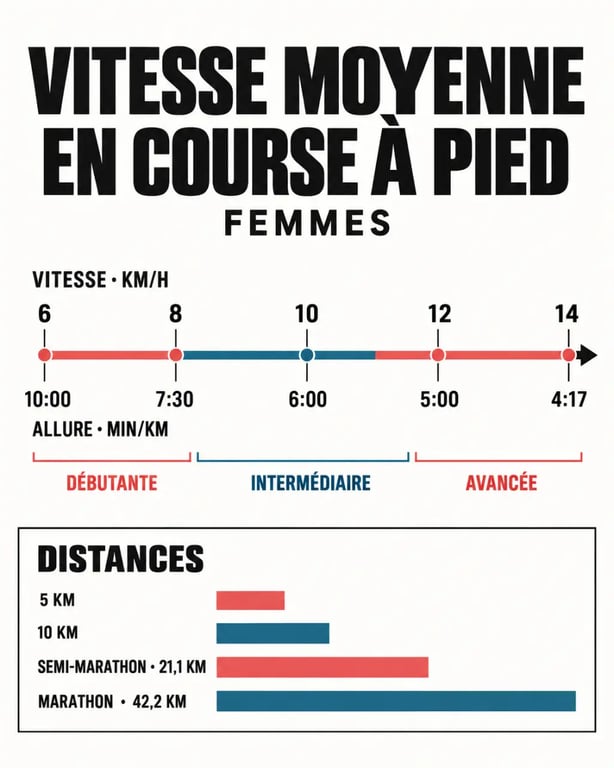 Infographie sur la vitesse moyenne course à pied femme et la conversion entre km/h et min/km