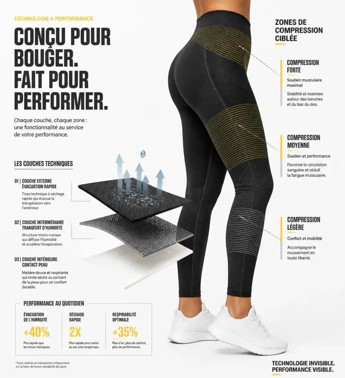 Schéma technique des propriétés d'un legging de sport pour femmes performant