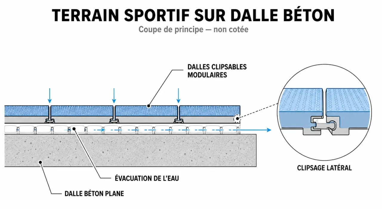 Terrain de sports : dalles clipsables sur dalle béton